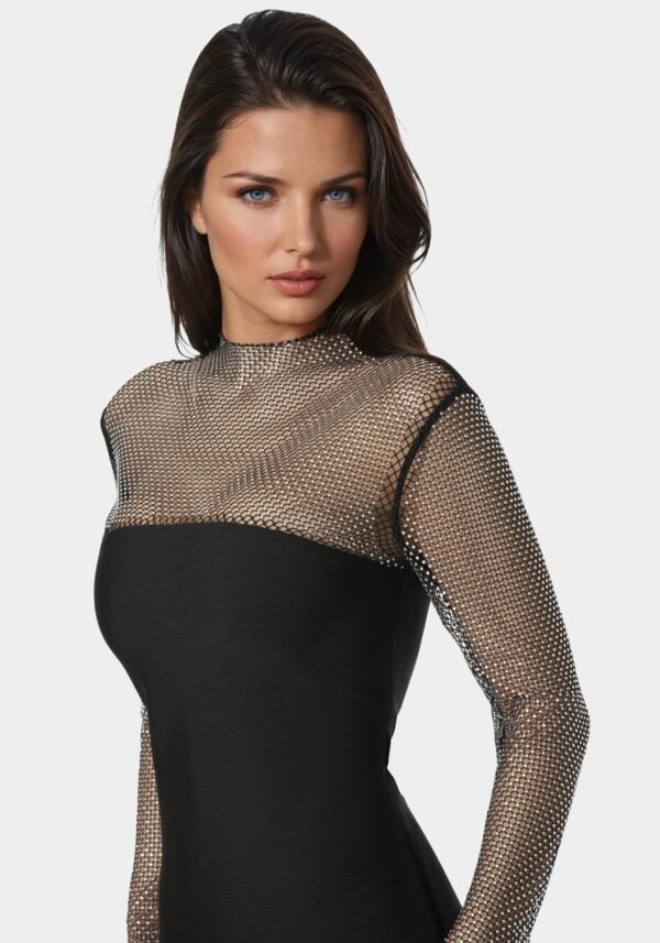 bebe2101_black_4_8205fb07-c6db-460a-83c9-e244ac9e9871 Long Sleeve Bandage Midi Dress with Crystal Mesh Combo