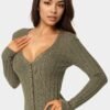 Button Front V-Neck Sweater Midi Dress